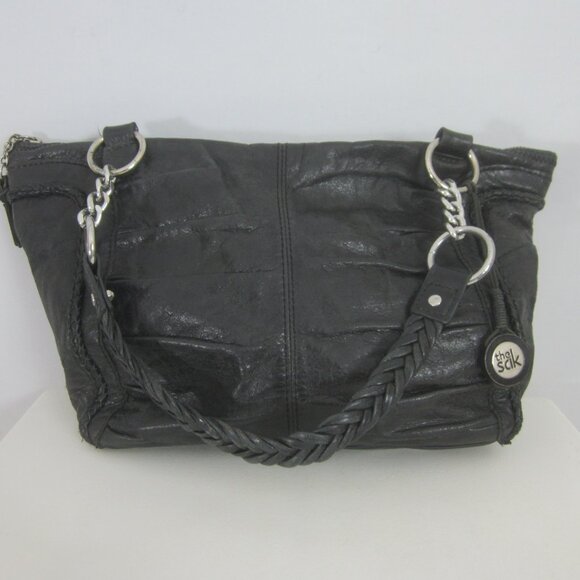 The Sak Womens Black Leather Purse Chain Braided Double Handle Bag Pleated Fob - Picture 6 of 13